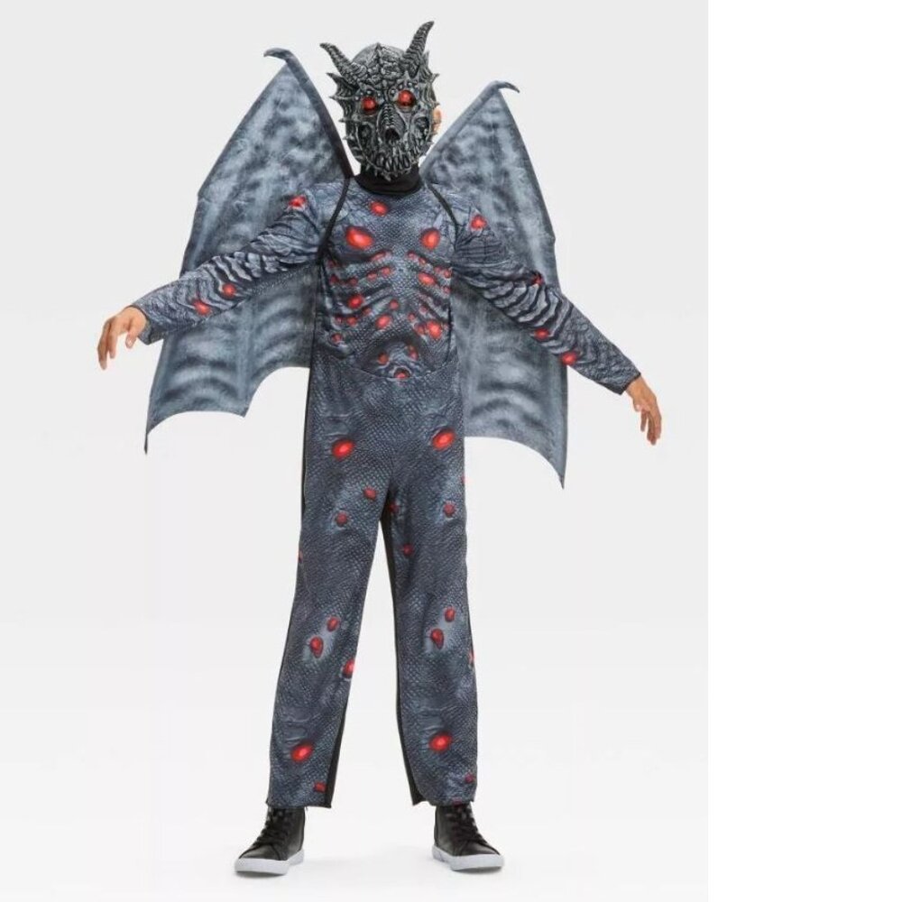 Dragon Light Up Halloween Costume 12/14 Mask, Wings, Jumpsuit 3 Pc Black Boys